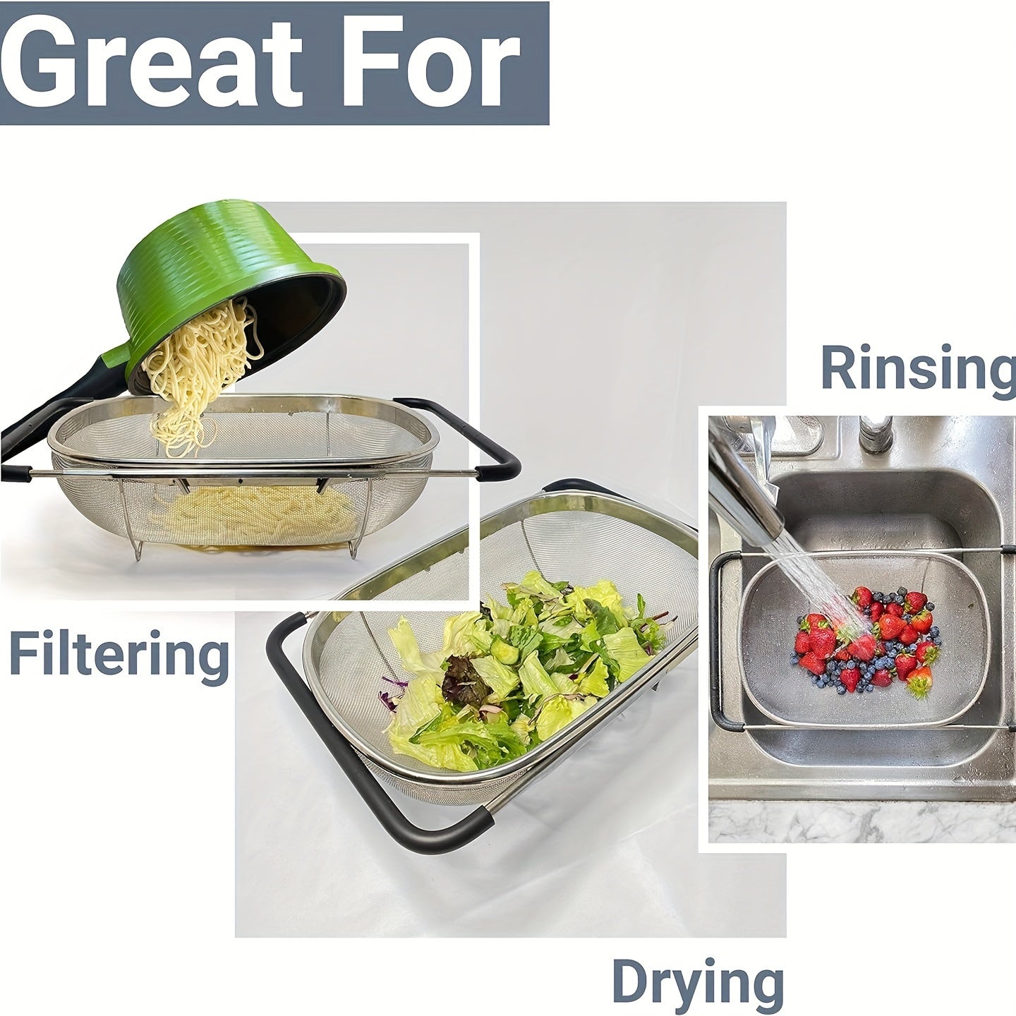 1pc Over The Sink Colander - Stainless Steel Strainers And Colanders, Telescopic Mesh Basket, Sink Colander For Kitchen Sink Strainer Basket With Expandable Handles(13.4in-21.3in), Pasta Vegetable Food Fruit Strainer, Kitchen Supplies
