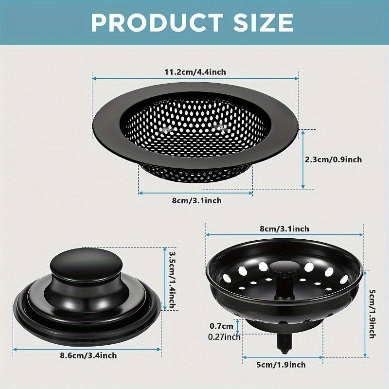 Premium Kitchen Sink Stopper Strainer Set Universal Basket Strainer Filters with Anti-Clog Drain Plugs, Perforated Basket Drain Sieve, Durable Stainless Steel Construction, Easy To Clean and Install