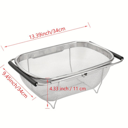 1pc Over The Sink Colander - Stainless Steel Strainers And Colanders, Telescopic Mesh Basket, Sink Colander For Kitchen Sink Strainer Basket With Expandable Handles(13.4in-21.3in), Pasta Vegetable Food Fruit Strainer, Kitchen Supplies