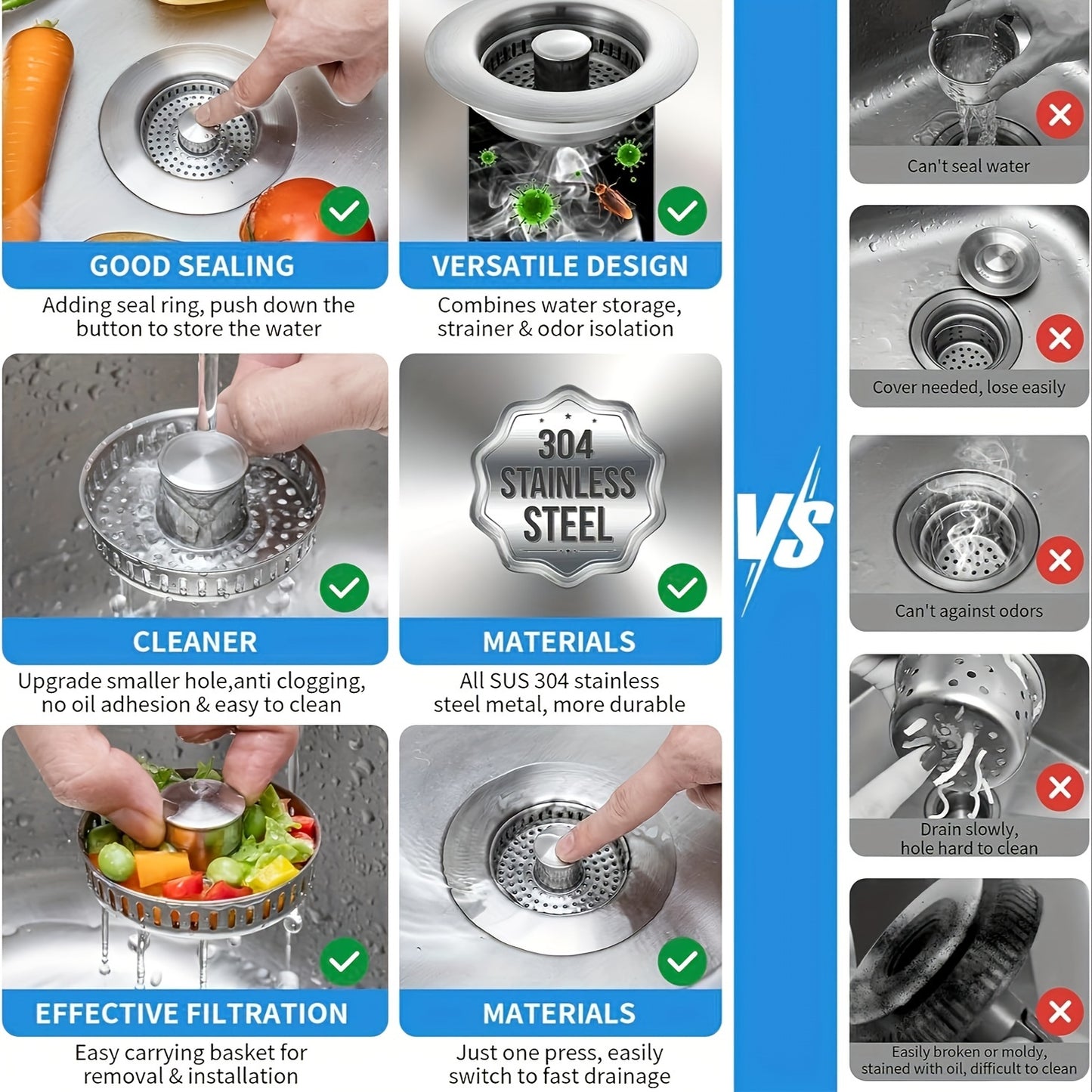3 in 1 Kitchen Sink Strainer Upgraded 3 in 1 Kitchen Sink Drain Strainer - Stainless Steel Pop Up Sink Stopper Combo, Anti-Clogging Sink Food Catcher Basket, Fast Drainage Odor Filter Sink Plug for US Standard 3 1\u002F2 inch Drain