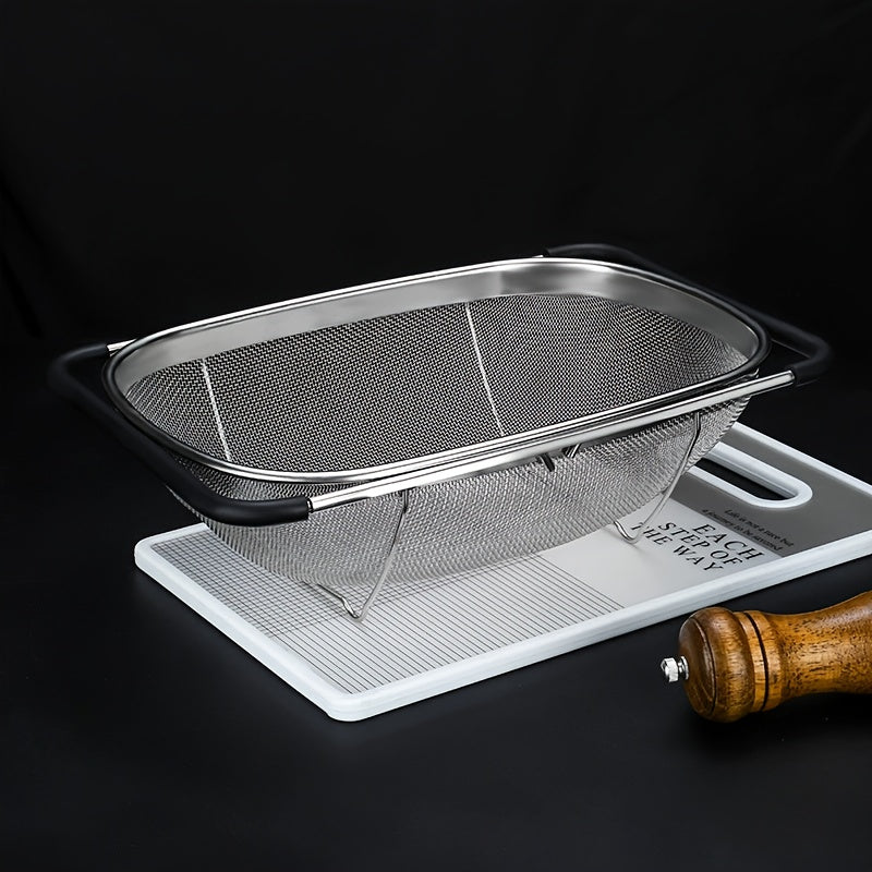 1pc Over The Sink Colander - Stainless Steel Strainers And Colanders, Telescopic Mesh Basket, Sink Colander For Kitchen Sink Strainer Basket With Expandable Handles(13.4in-21.3in), Pasta Vegetable Food Fruit Strainer, Kitchen Supplies