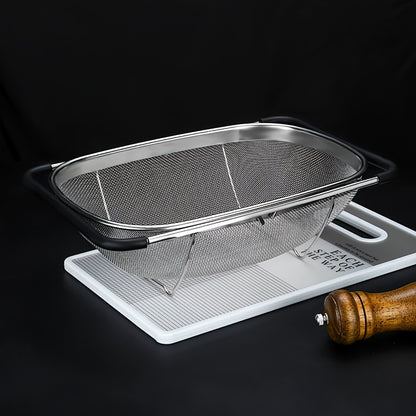1pc Over The Sink Colander - Stainless Steel Strainers And Colanders, Telescopic Mesh Basket, Sink Colander For Kitchen Sink Strainer Basket With Expandable Handles(13.4in-21.3in), Pasta Vegetable Food Fruit Strainer, Kitchen Supplies