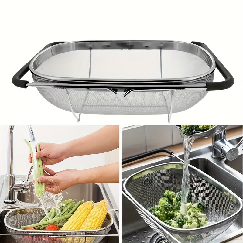 1pc Over The Sink Colander - Stainless Steel Strainers And Colanders, Telescopic Mesh Basket, Sink Colander For Kitchen Sink Strainer Basket With Expandable Handles(13.4in-21.3in), Pasta Vegetable Food Fruit Strainer, Kitchen Supplies
