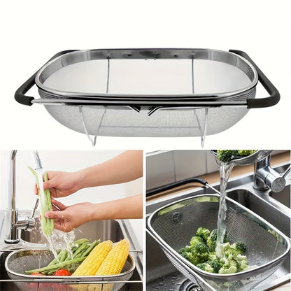 1pc Over The Sink Colander - Stainless Steel Strainers And Colanders, Telescopic Mesh Basket, Sink Colander For Kitchen Sink Strainer Basket With Expandable Handles(13.4in-21.3in), Pasta Vegetable Food Fruit Strainer, Kitchen Supplies