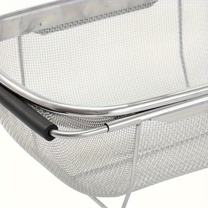 1pc Over The Sink Colander - Stainless Steel Strainers And Colanders, Telescopic Mesh Basket, Sink Colander For Kitchen Sink Strainer Basket With Expandable Handles(13.4in-21.3in), Pasta Vegetable Food Fruit Strainer, Kitchen Supplies
