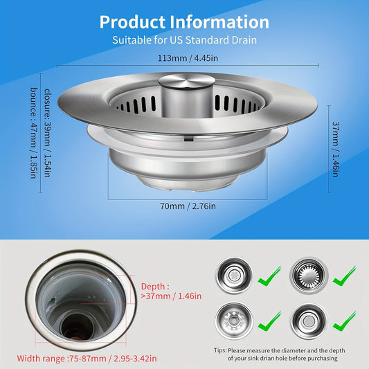 3 in 1 Kitchen Sink Strainer Upgraded 3 in 1 Kitchen Sink Drain Strainer - Stainless Steel Pop Up Sink Stopper Combo, Anti-Clogging Sink Food Catcher Basket, Fast Drainage Odor Filter Sink Plug for US Standard 3 1\u002F2 inch Drain