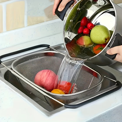 1pc Over The Sink Colander - Stainless Steel Strainers And Colanders, Telescopic Mesh Basket, Sink Colander For Kitchen Sink Strainer Basket With Expandable Handles(13.4in-21.3in), Pasta Vegetable Food Fruit Strainer, Kitchen Supplies