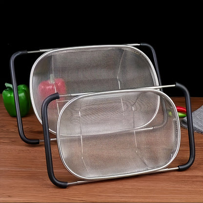 1pc Over The Sink Colander - Stainless Steel Strainers And Colanders, Telescopic Mesh Basket, Sink Colander For Kitchen Sink Strainer Basket With Expandable Handles(13.4in-21.3in), Pasta Vegetable Food Fruit Strainer, Kitchen Supplies