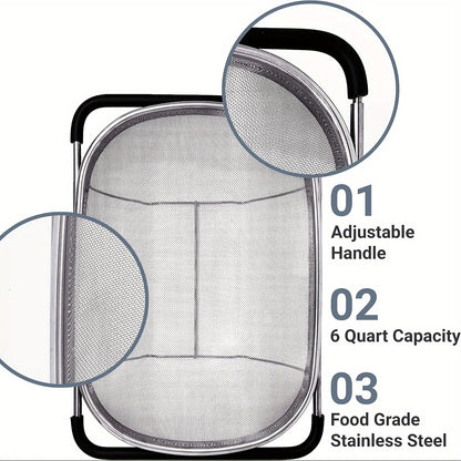 1pc Over The Sink Colander - Stainless Steel Strainers And Colanders, Telescopic Mesh Basket, Sink Colander For Kitchen Sink Strainer Basket With Expandable Handles(13.4in-21.3in), Pasta Vegetable Food Fruit Strainer, Kitchen Supplies