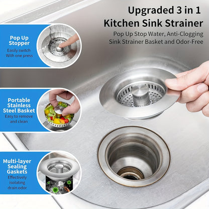 3 in 1 Kitchen Sink Strainer Upgraded 3 in 1 Kitchen Sink Drain Strainer - Stainless Steel Pop Up Sink Stopper Combo, Anti-Clogging Sink Food Catcher Basket, Fast Drainage Odor Filter Sink Plug for US Standard 3 1\u002F2 inch Drain